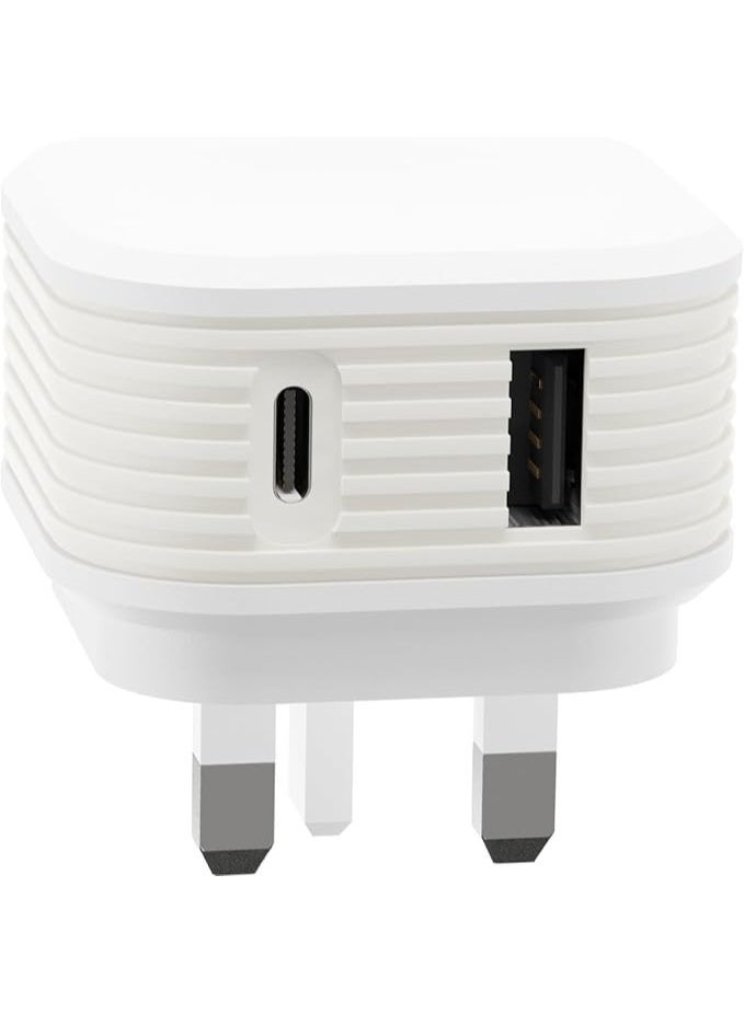 جوس شاحن JUICE بقدرة 30 واط مع منفذين USB – محول جداري للشحن السريع مزود بمنفذي USB-A وUSB-C مع دعم Power Delivery، مناسب للهواتف والأجهزة اللوحية والأجهزة الأخرى، بتصميم مدمج مع تقنية القبضة الآمنة، باللون الأبيض. - Image 1